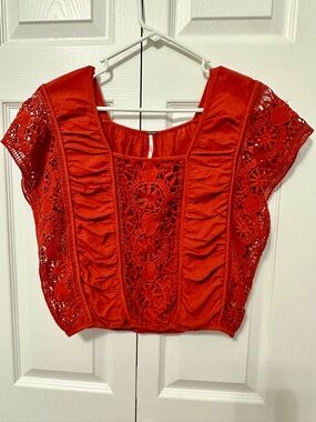 Free People Red Crochet Ruffle Crop Top